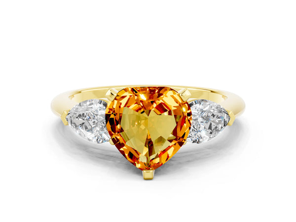 Yellow gold Three-Stone Heart Cut Citrine Ring with Pear Side Stones and Four-Prong Setting