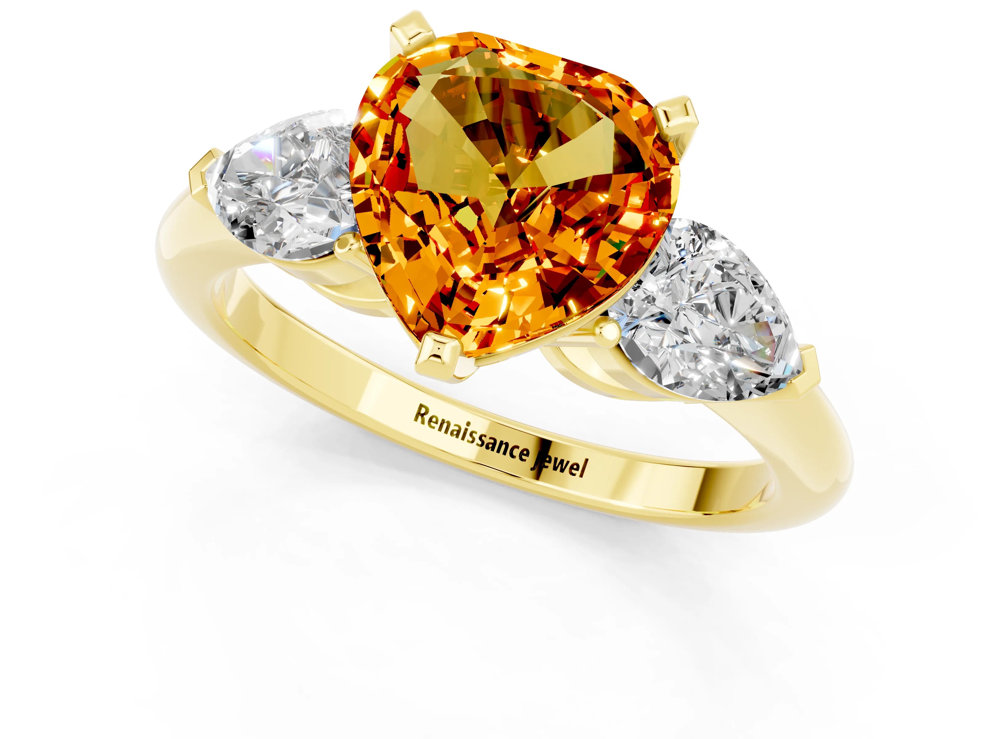 Yellow gold Three-Stone Heart Cut Citrine Ring with Pear Side Stones and Four-Prong Setting_1