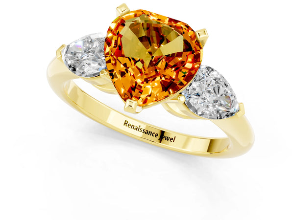 Yellow gold Three-Stone Heart Cut Citrine Ring with Pear Side Stones and Four-Prong Setting