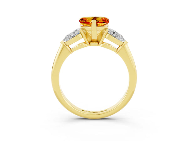 Yellow gold Three-Stone Heart Cut Citrine Ring with Pear Side Stones and Four-Prong Setting