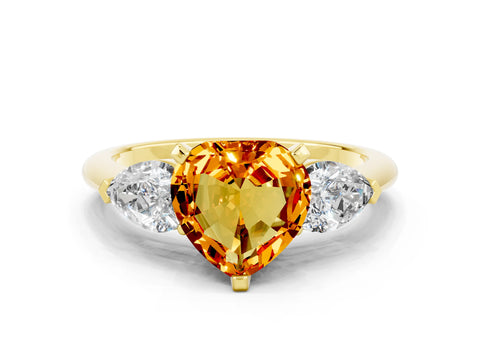 Yellow gold Three-Stone Heart Cut Citrine Ring with Pear Side Stones and Four-Prong Setting
