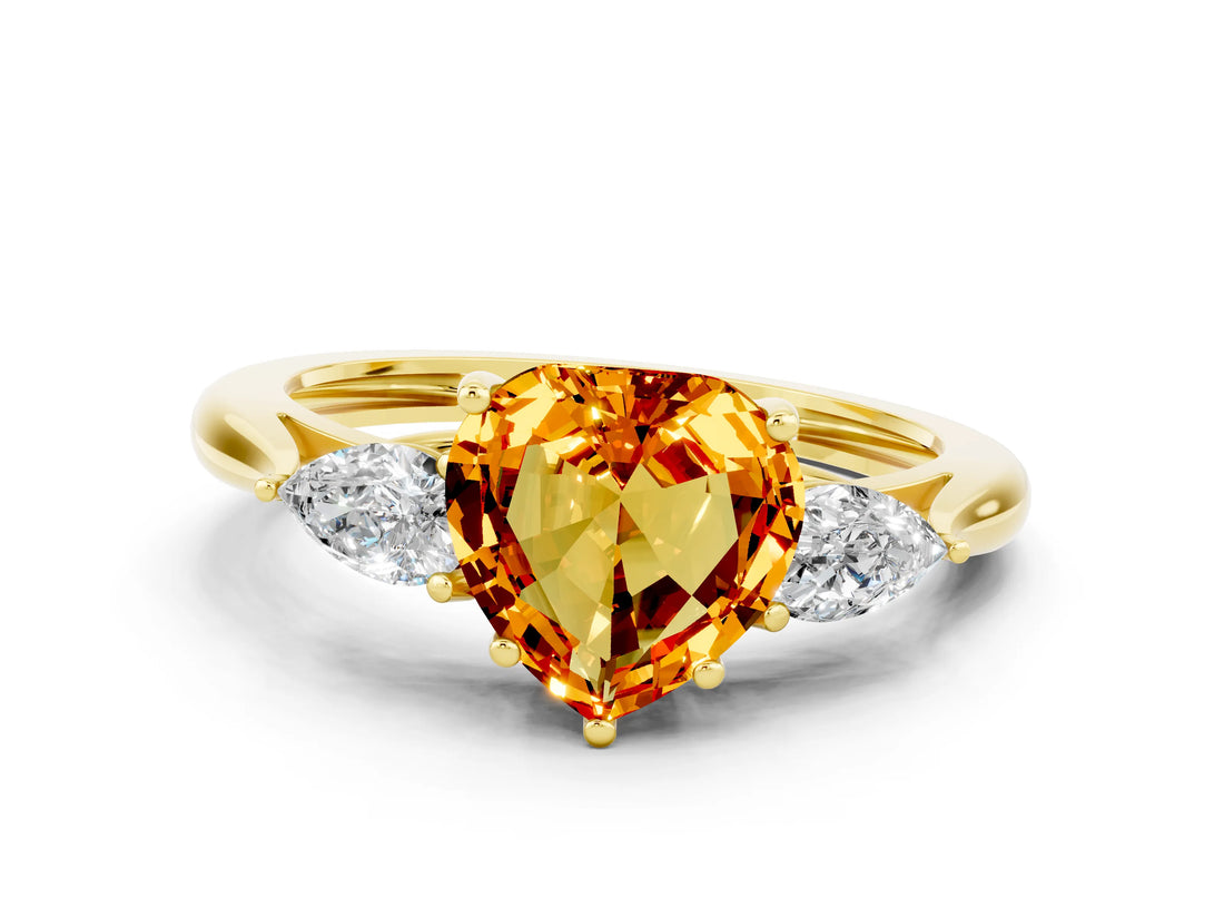 Yellow gold Three-Stone Heart Cut Citrine Ring with Pear  Side Stones in Four-Prong Setting_36