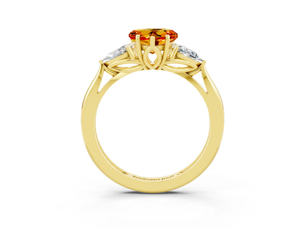 Yellow gold Three-Stone Heart Cut Citrine Ring with Pear  Side Stones in Four-Prong Setting