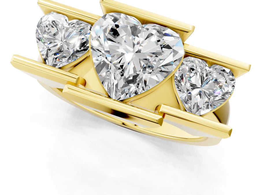 Yellow gold Three Stone Heart Cut Cut Channel Set Diamond Ring