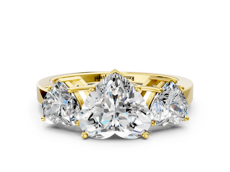 Yellow gold Three-Stone Heart Cut Cut Diamond Engagement Ring with Flat Band and Four-Prong Setting