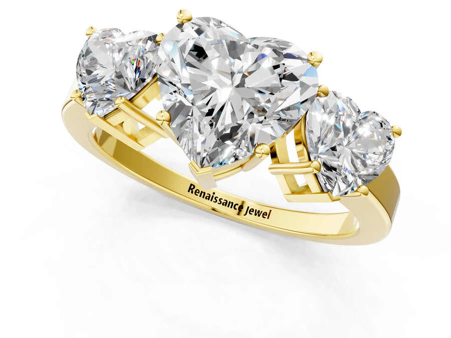 Yellow gold Three-Stone Heart Cut Cut Diamond Engagement Ring with Flat Band and Four-Prong Setting