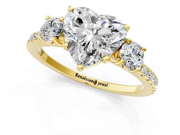 Yellow gold Three-Stone Heart Cut Cut Diamond Pavé Band with Prong Setting