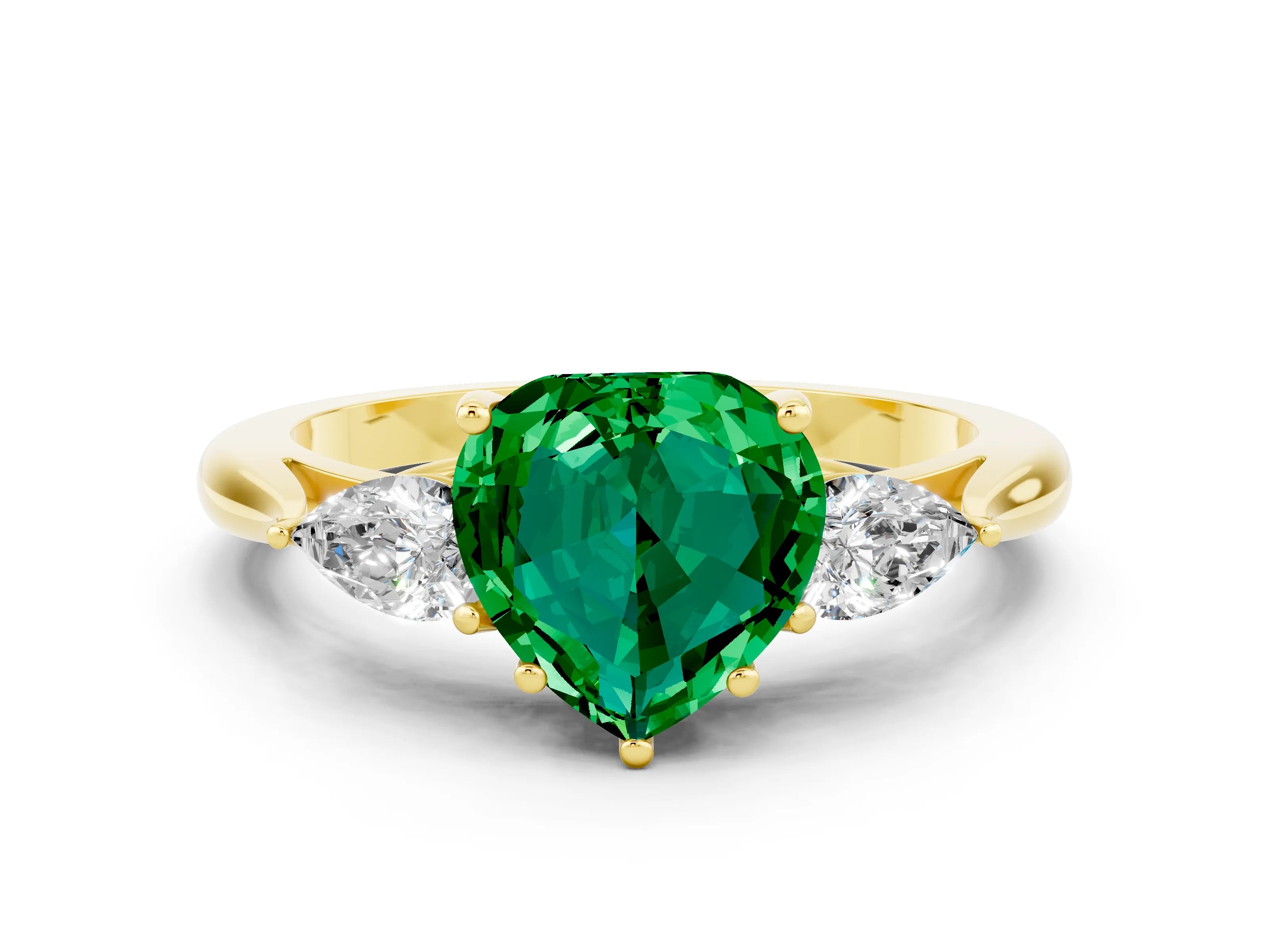 Yellow gold Three-Stone Heart Cut Cut Diamond Ring with Pear Side Stones in Four-Prong Setting