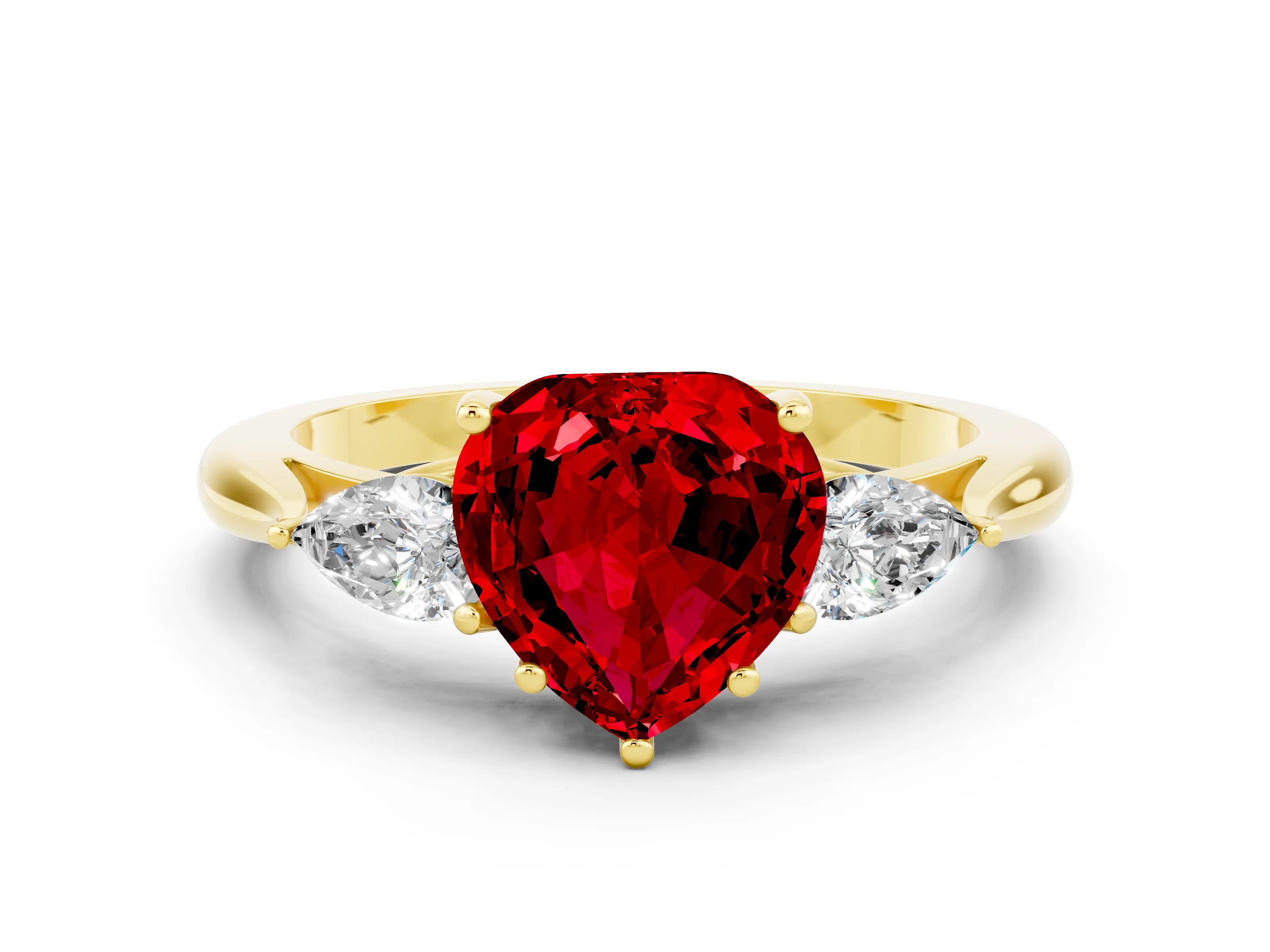 Yellow gold Three-Stone Heart Cut Cut Diamond Ring with Pear Side Stones in Four-Prong Setting