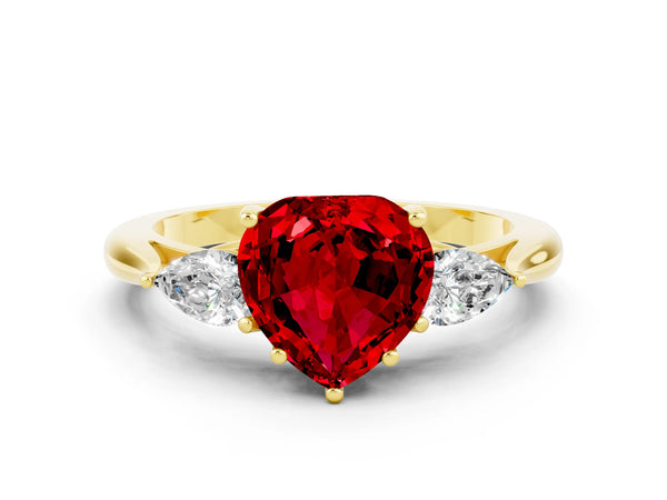 Yellow gold Three-Stone Heart Cut Cut Diamond Ring with Pear Side Stones in Four-Prong Setting