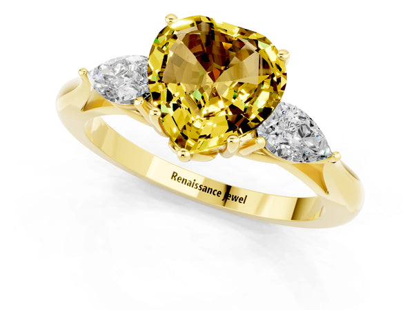 Yellow gold Three-Stone Heart Cut Yellow Sapphire Ring with Pear  Side Stones in Four-Prong Setting