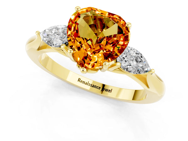 Yellow gold Three-Stone Heart Cut Citrine Ring with Pear  Side Stones in Four-Prong Setting
