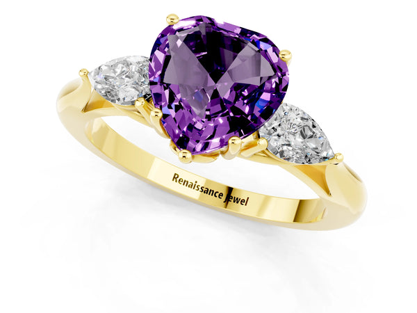 Yellow gold Three-Stone Heart Cut Amethyst Ring with Pear  Side Stones in Four-Prong Setting