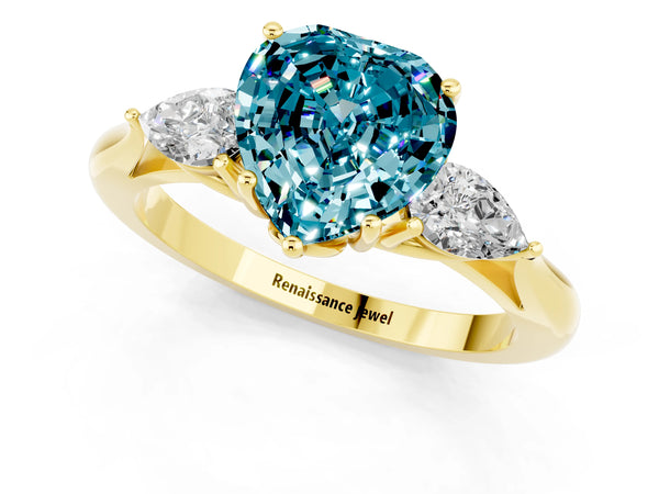 Yellow gold Three-Stone Heart Cut Cut Diamond Ring with Pear Side Stones in Four-Prong Setting
