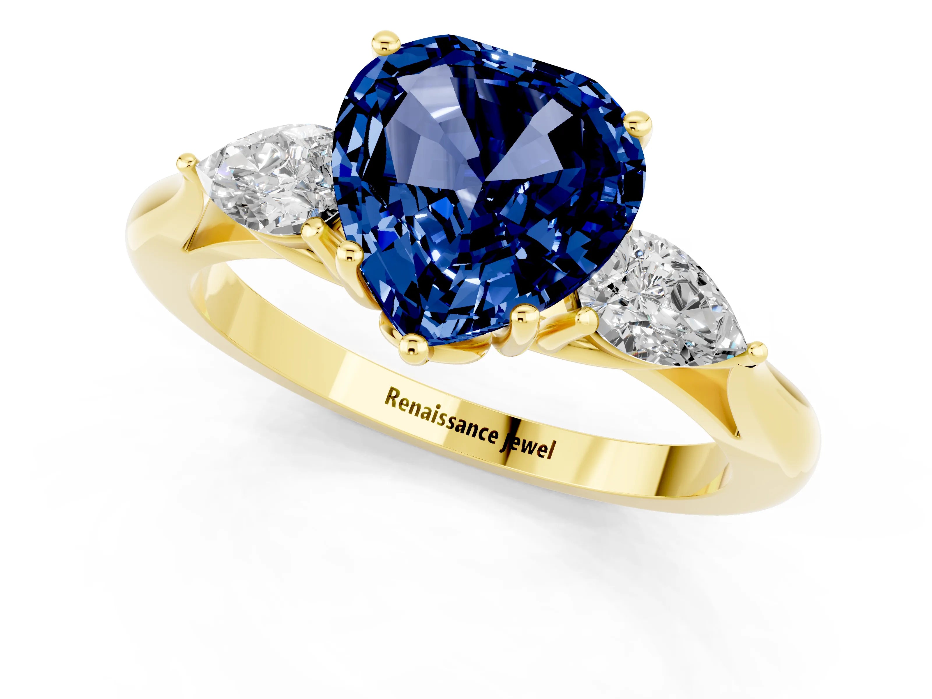 Yellow gold Three-Stone Heart Cut Cut Diamond Ring with Pear Side Stones in Four-Prong Setting_1
