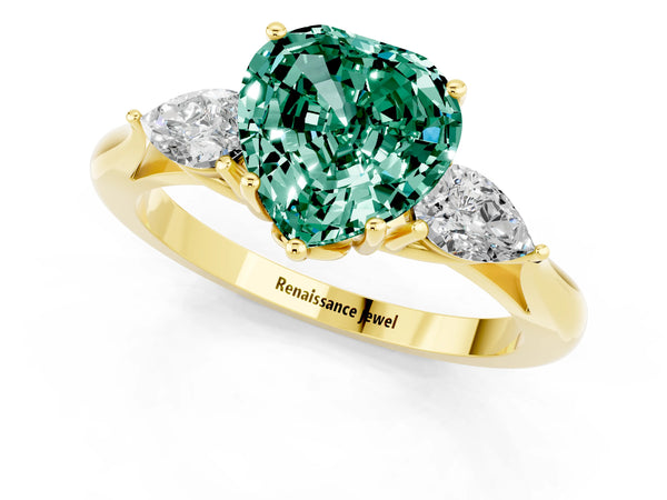 Yellow gold Three-Stone Heart Cut Green Sapphire Ring with Pear  Side Stones in Four-Prong Setting