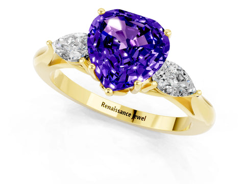 Yellow gold Three-Stone Heart Cut Cut Diamond Ring with Pear Side Stones in Four-Prong Setting_1