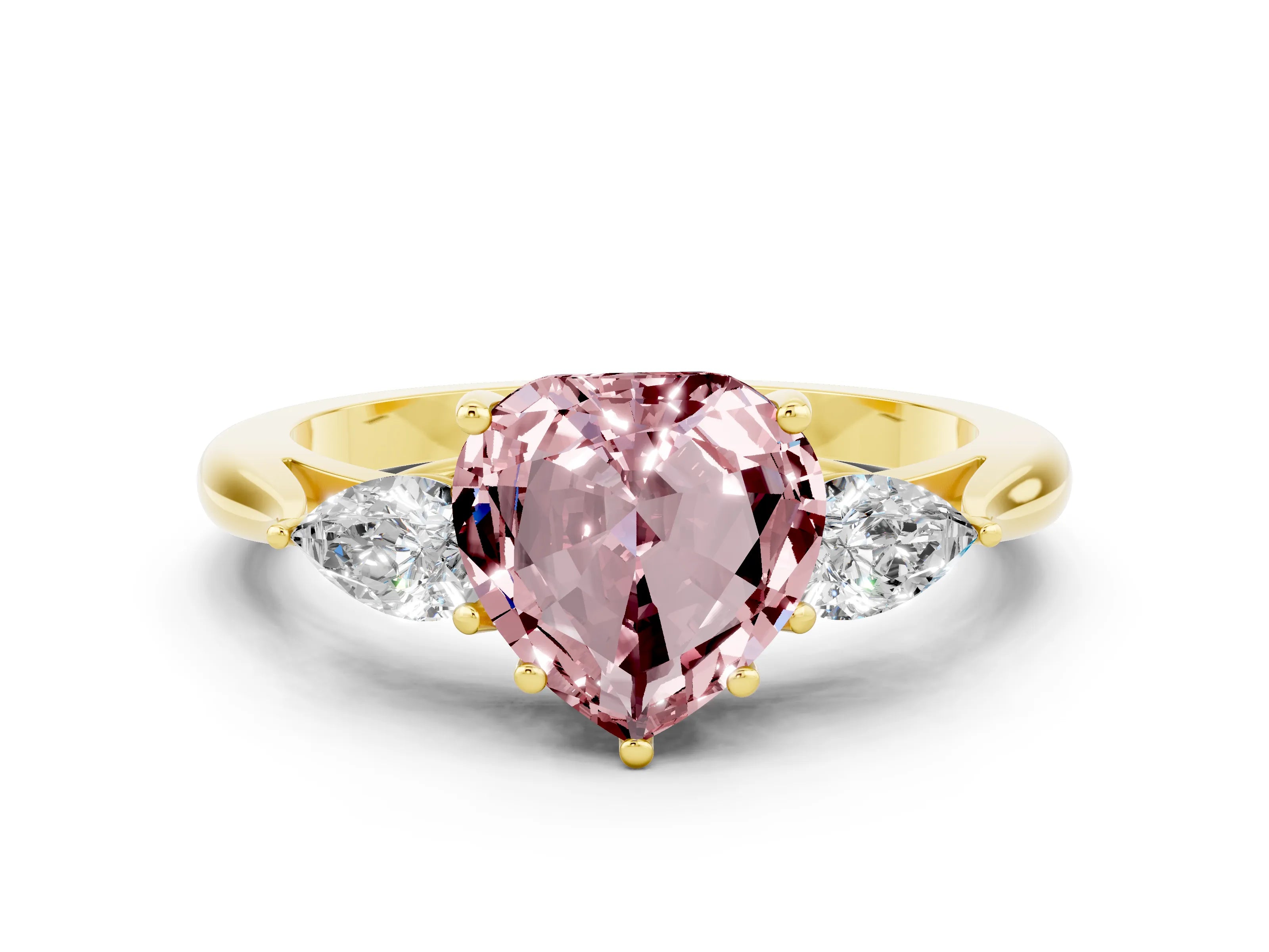 Yellow gold Three-Stone Heart Cut Cut Diamond Ring with Pear Side Stones in Four-Prong Setting
