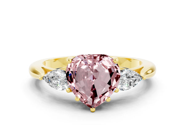Yellow gold Three-Stone Heart Cut Cut Diamond Ring with Pear Side Stones in Four-Prong Setting