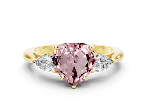 Yellow gold Three-Stone Heart Cut Cut Diamond Ring with Pear Side Stones in Four-Prong Setting