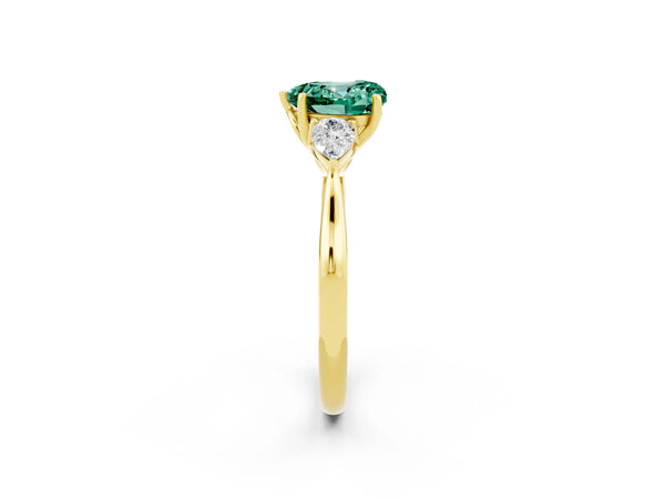 Yellow gold Three-Stone Heart Cut Green Sapphire Ring with Pear  Side Stones in Four-Prong Setting
