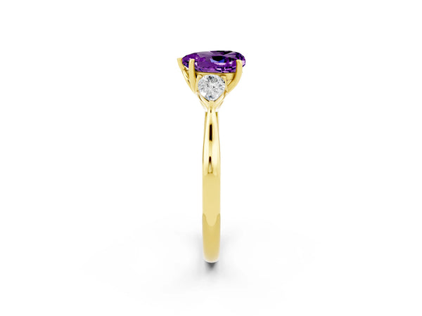 Yellow gold Three-Stone Heart Cut Amethyst Ring with Pear  Side Stones in Four-Prong Setting