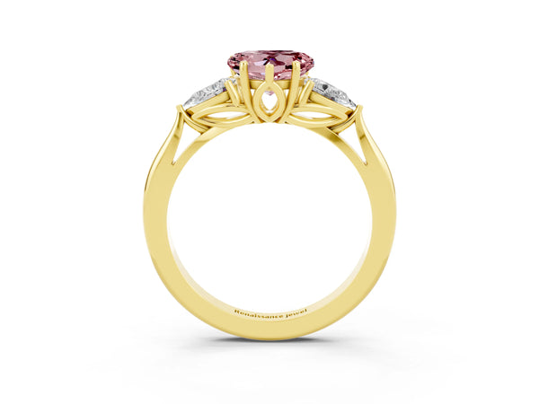 Yellow gold Three-Stone Heart Cut Cut Diamond Ring with Pear Side Stones in Four-Prong Setting
