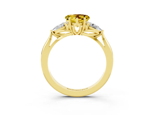 Yellow gold Three-Stone Heart Cut Yellow Sapphire Ring with Pear  Side Stones in Four-Prong Setting