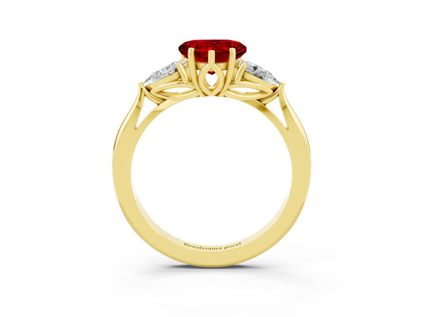Yellow gold Three-Stone Heart Cut Cut Diamond Ring with Pear Side Stones in Four-Prong Setting