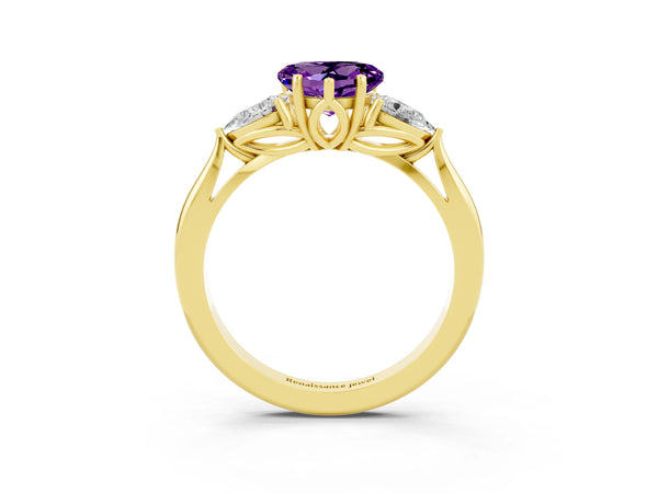 Yellow gold Three-Stone Heart Cut Amethyst Ring with Pear  Side Stones in Four-Prong Setting