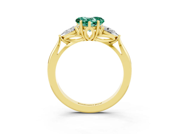 Yellow gold Three-Stone Heart Cut Green Sapphire Ring with Pear  Side Stones in Four-Prong Setting