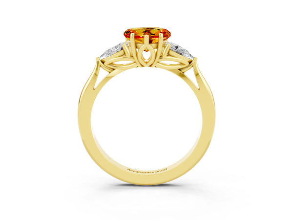 Yellow gold Three-Stone Heart Cut Citrine Ring with Pear  Side Stones in Four-Prong Setting