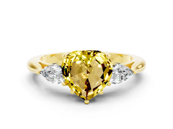 Yellow gold Three-Stone Heart Cut Yellow Sapphire Ring with Pear  Side Stones in Four-Prong Setting