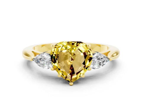 Yellow gold Three-Stone Heart Cut Cut Diamond Ring with Pear Side Stones in Four-Prong Setting