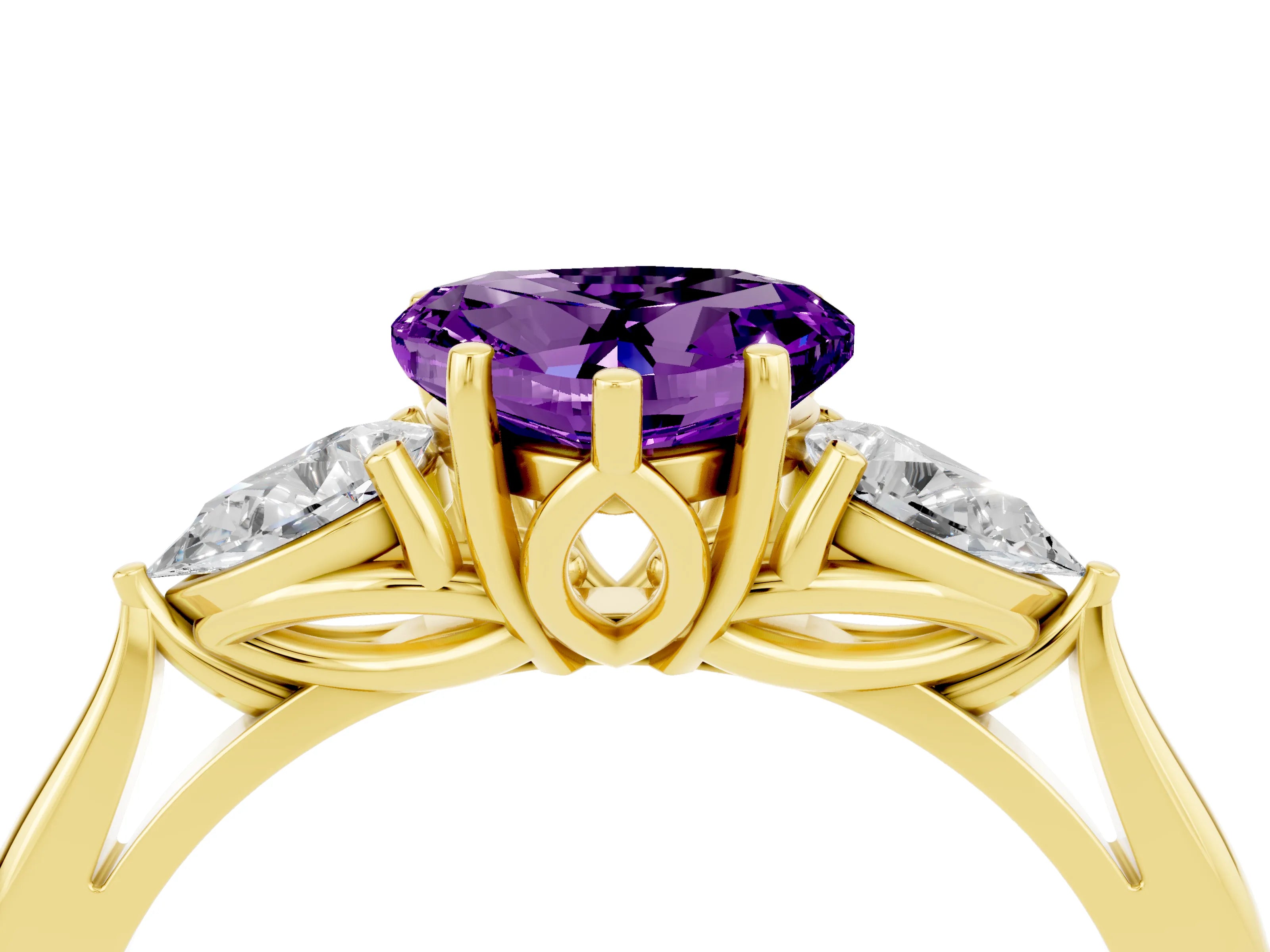 Yellow gold Three-Stone Heart Cut Cut Diamond Ring with Pear Side Stones in Four-Prong Setting_4