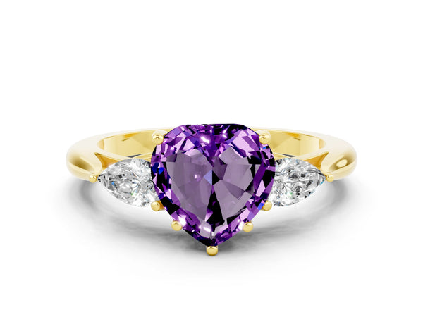Yellow gold Three-Stone Heart Cut Amethyst Ring with Pear  Side Stones in Four-Prong Setting