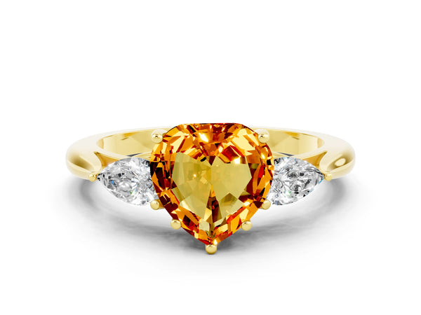 Yellow gold Three-Stone Heart Cut Citrine Ring with Pear  Side Stones in Four-Prong Setting