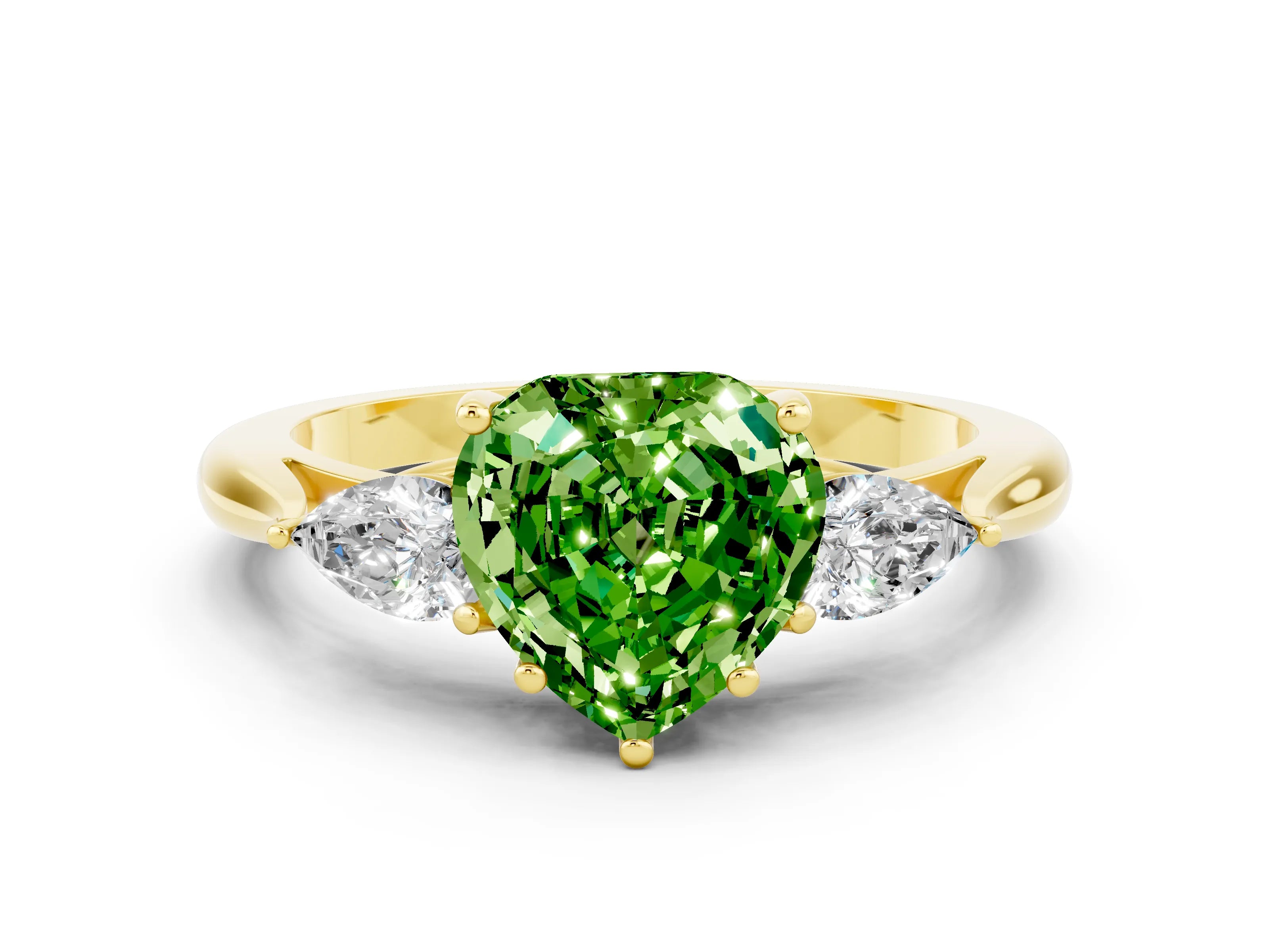Yellow gold Three-Stone Heart Cut Cut Diamond Ring with Pear Side Stones in Four-Prong Setting