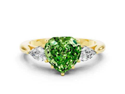 Yellow gold Three-Stone Heart Cut Cut Diamond Ring with Pear Side Stones in Four-Prong Setting