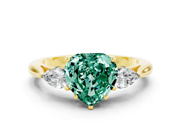 Yellow gold Three-Stone Heart Cut Green Sapphire Ring with Pear  Side Stones in Four-Prong Setting