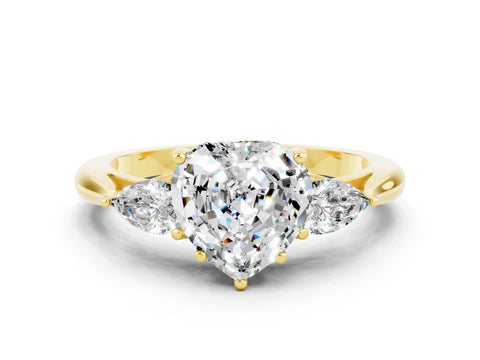 Yellow gold Three-Stone Heart Cut Cut Diamond Ring with Pear Side Stones in Four-Prong Setting