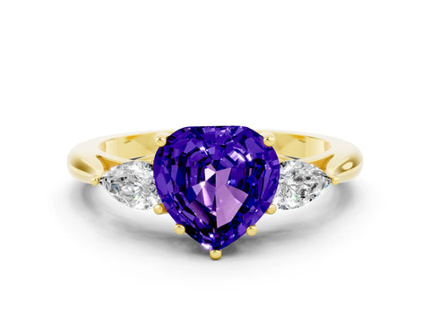 Yellow gold Three-Stone Heart Cut Cut Diamond Ring with Pear Side Stones in Four-Prong Setting