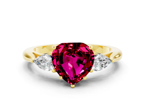 Yellow gold Three-Stone Heart Cut Cut Diamond Ring with Pear Side Stones in Four-Prong Setting