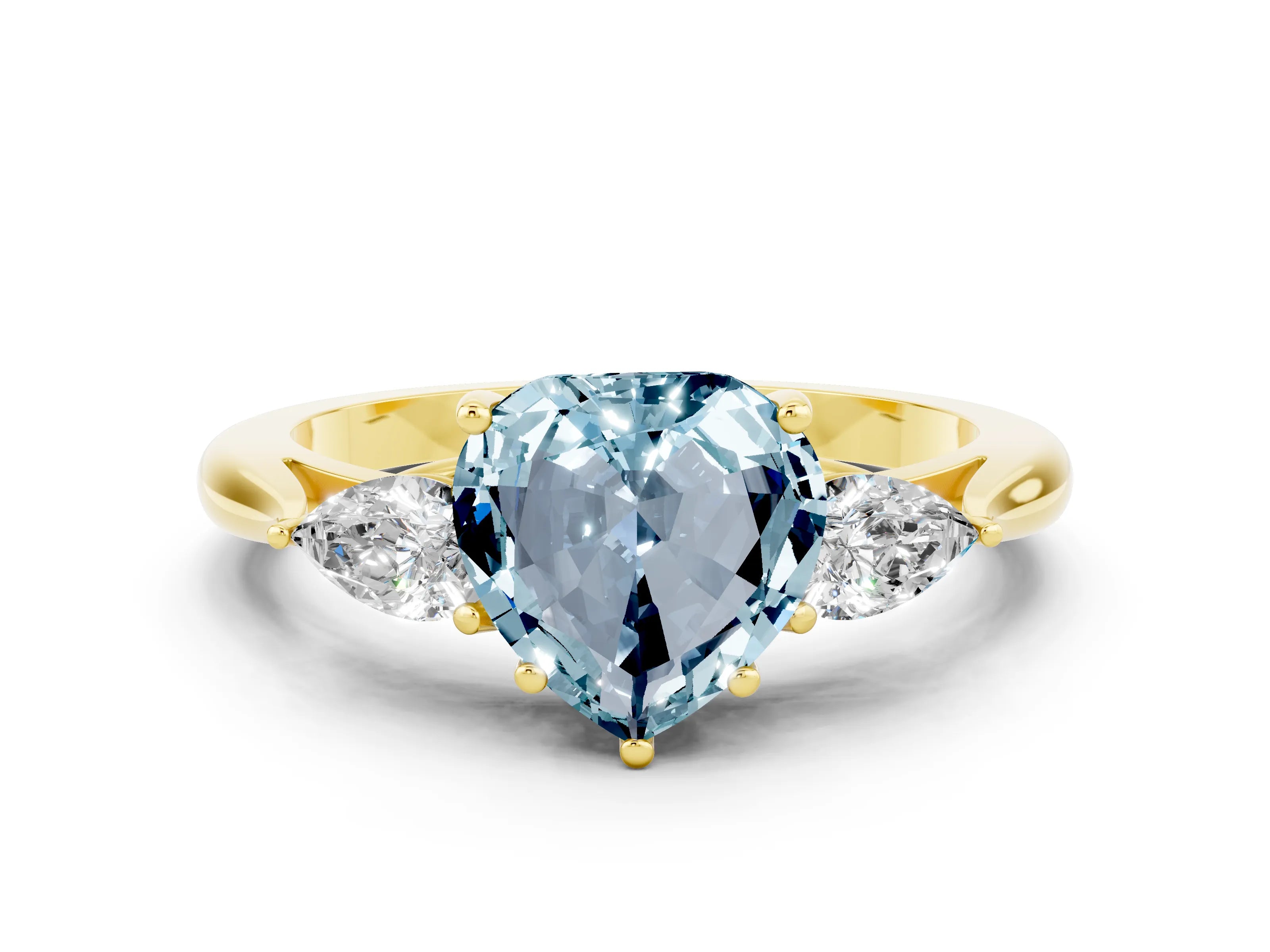 Yellow gold Three-Stone Heart Cut Cut Diamond Ring with Pear Side Stones in Four-Prong Setting