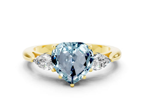 Yellow gold Three-Stone Heart Cut Cut Diamond Ring with Pear Side Stones in Four-Prong Setting