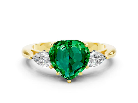Yellow gold Three-Stone Heart Cut Cut Diamond Ring with Pear Side Stones in Four-Prong Setting