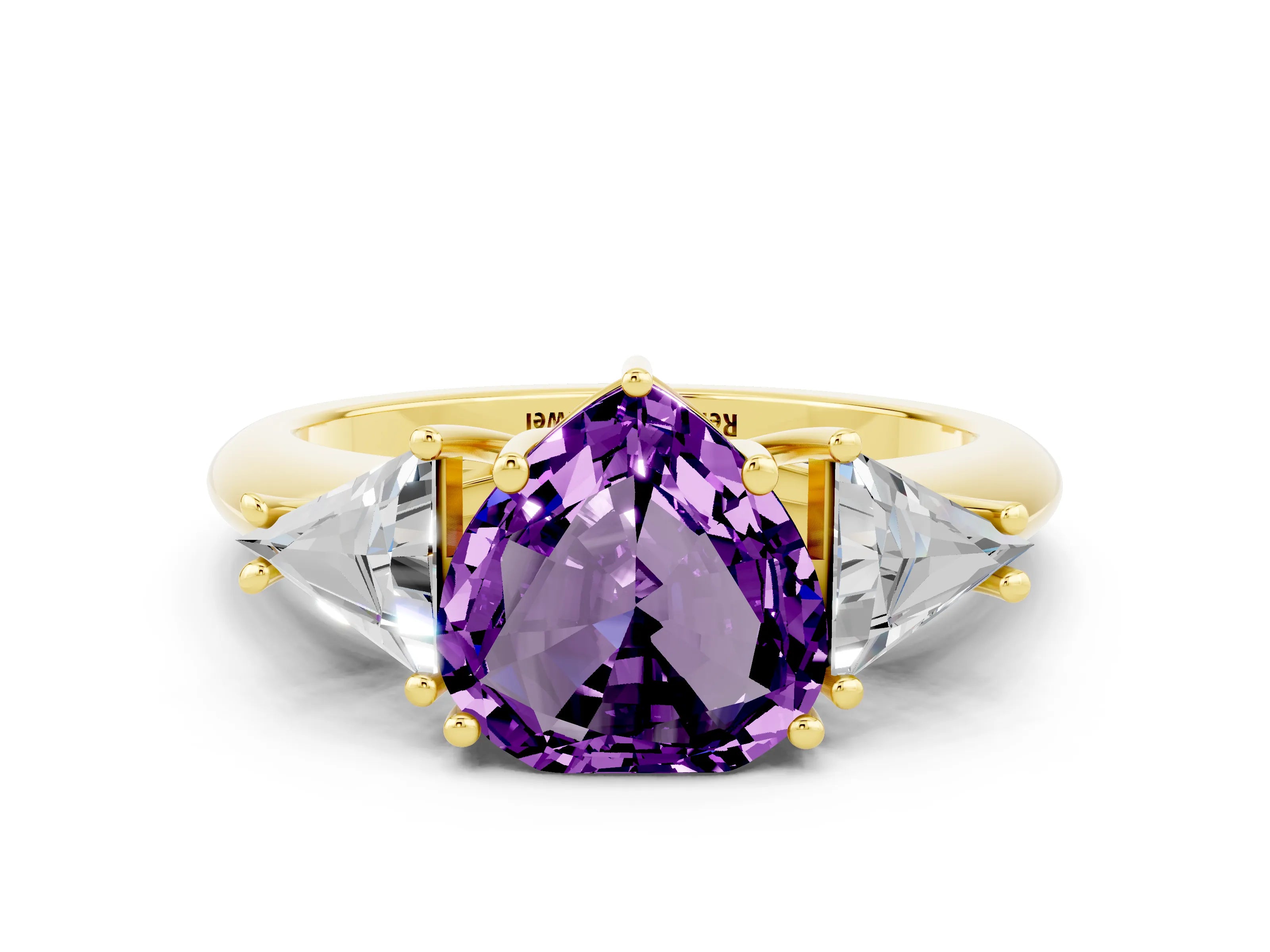 Yellow gold Three-Stone Heart Cut Cut Diamond Ring with Trillion Side Stones and Four-Prong Setting