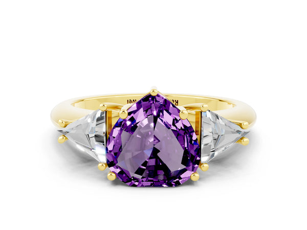 Yellow gold Three-Stone Heart Cut Amethyst Engagement Ring with Trillion Side Stones and Prong Setting