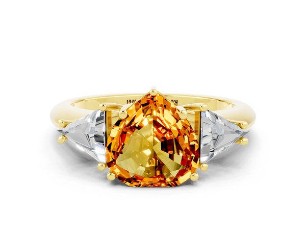 Yellow gold Three-Stone Heart Cut Citrine Engagement Ring with Trillion Side Stones and Prong Setting