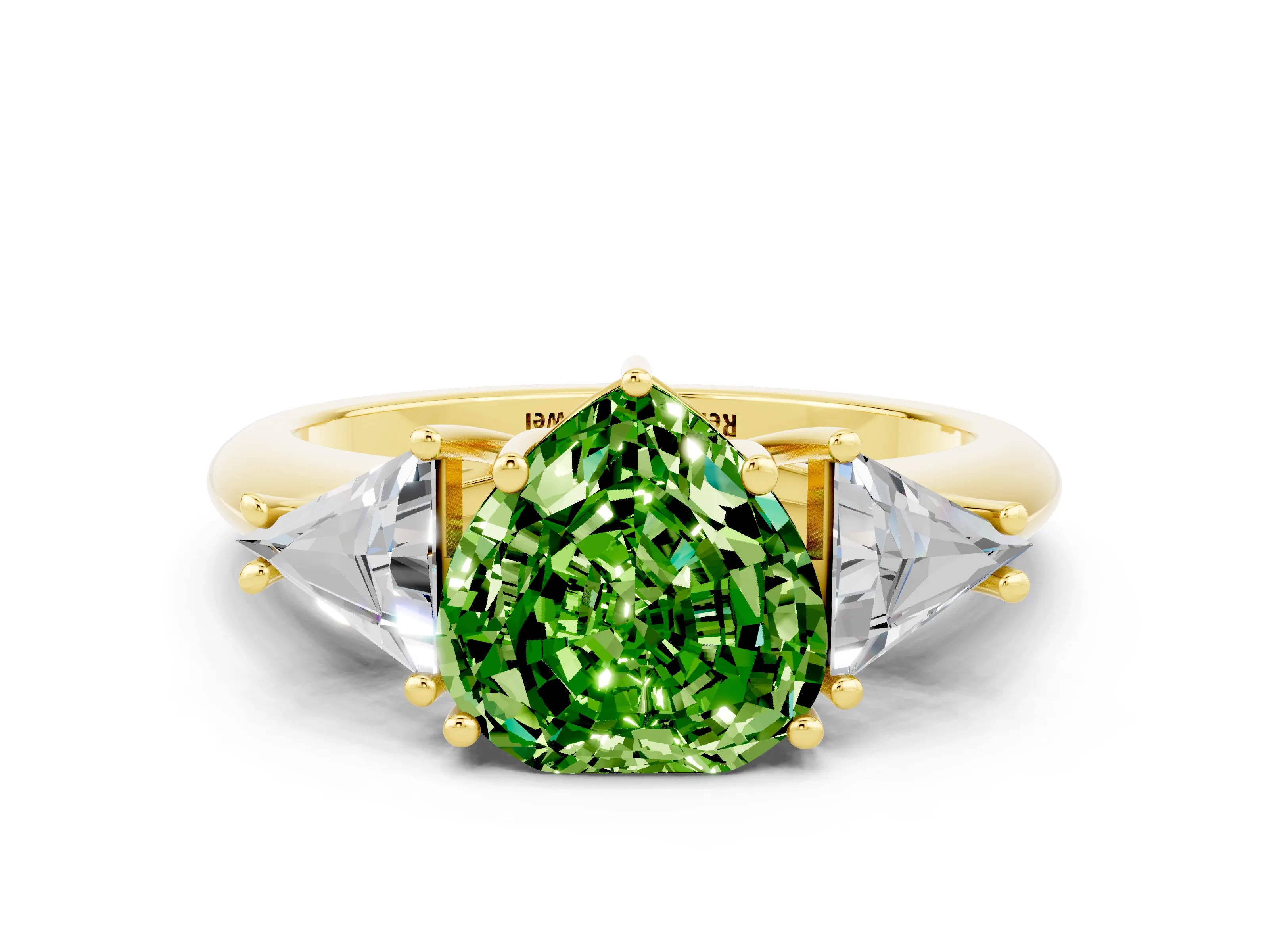 Yellow gold Three-Stone Heart Cut Cut Diamond Ring with Trillion Side Stones and Four-Prong Setting